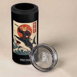 Funny Samurai Cat Riding Shark 4 in 1 Can Cooler Tumbler Vintage Japanese Ukiyoe