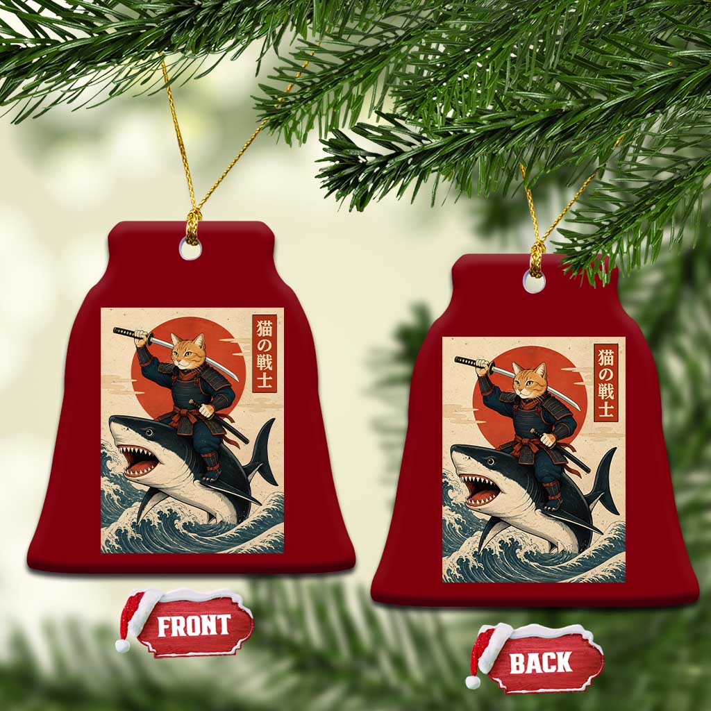 Funny Samurai Cat Riding Shark Ceramic Ornament Vintage Japanese Ukiyoe