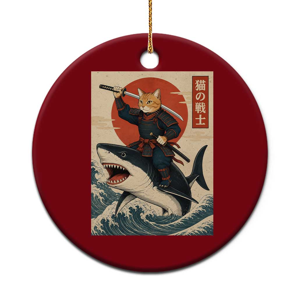 Funny Samurai Cat Riding Shark Ceramic Ornament Vintage Japanese Ukiyoe TS12 1pc Red Print Your Wear