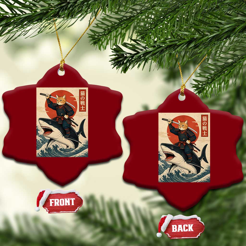 Funny Samurai Cat Riding Shark Ceramic Ornament Vintage Japanese Ukiyoe