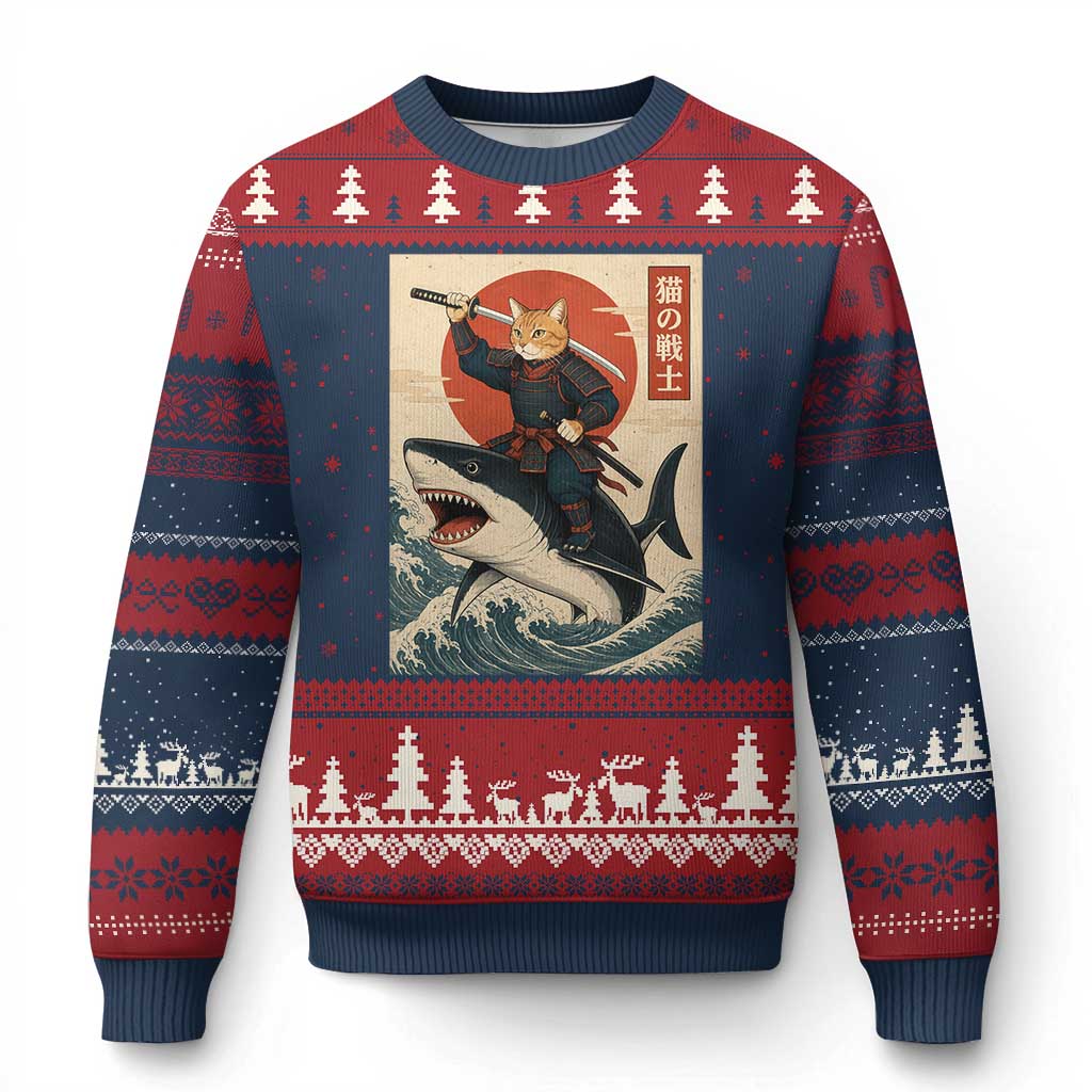 Funny Samurai Cat Riding Shark Ugly Christmas Sweater Vintage Japanese Ukiyoe TS12 Navy Red Print Your Wear