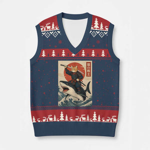 Funny Samurai Cat Riding Shark V-Neck Knit Sweater Vest Vintage Japanese Ukiyoe