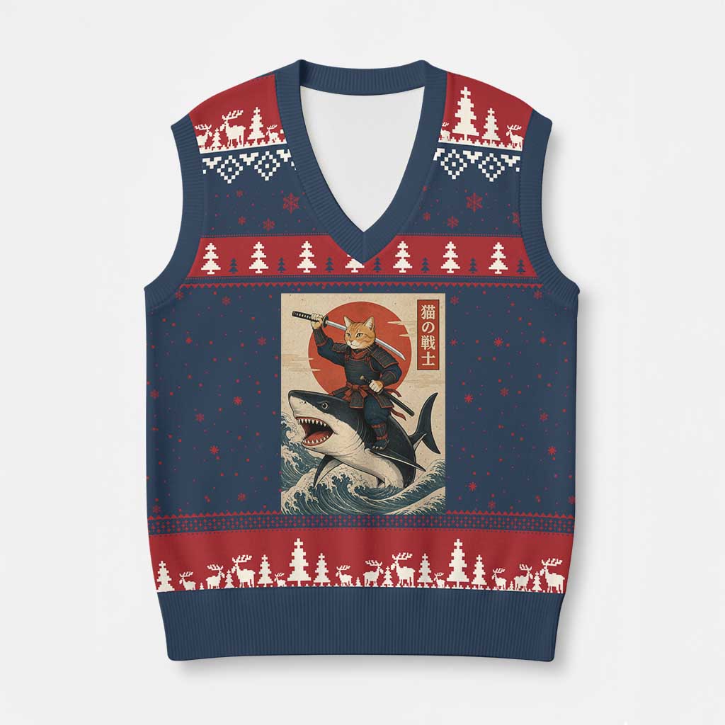 Funny Samurai Cat Riding Shark V-Neck Knit Sweater Vest Vintage Japanese Ukiyoe TS12 Navy Red Print Your Wear