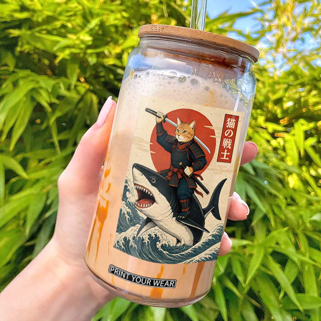 Funny Samurai Cat Riding Shark Glass Can Vintage Japanese Ukiyoe TS12 Black Print Your Wear