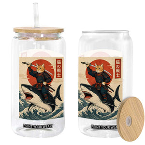 Funny Samurai Cat Riding Shark Glass Can Vintage Japanese Ukiyoe