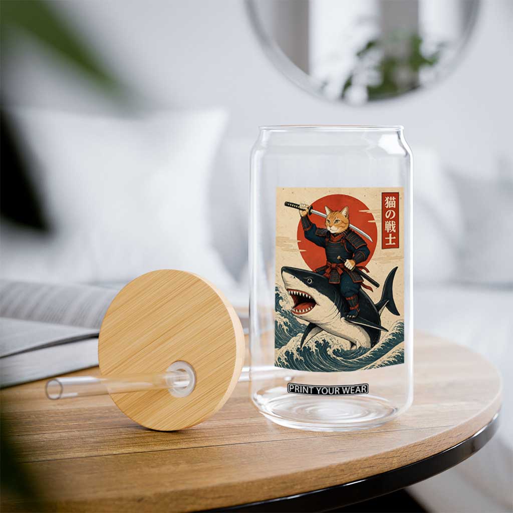 Funny Samurai Cat Riding Shark Glass Can Vintage Japanese Ukiyoe