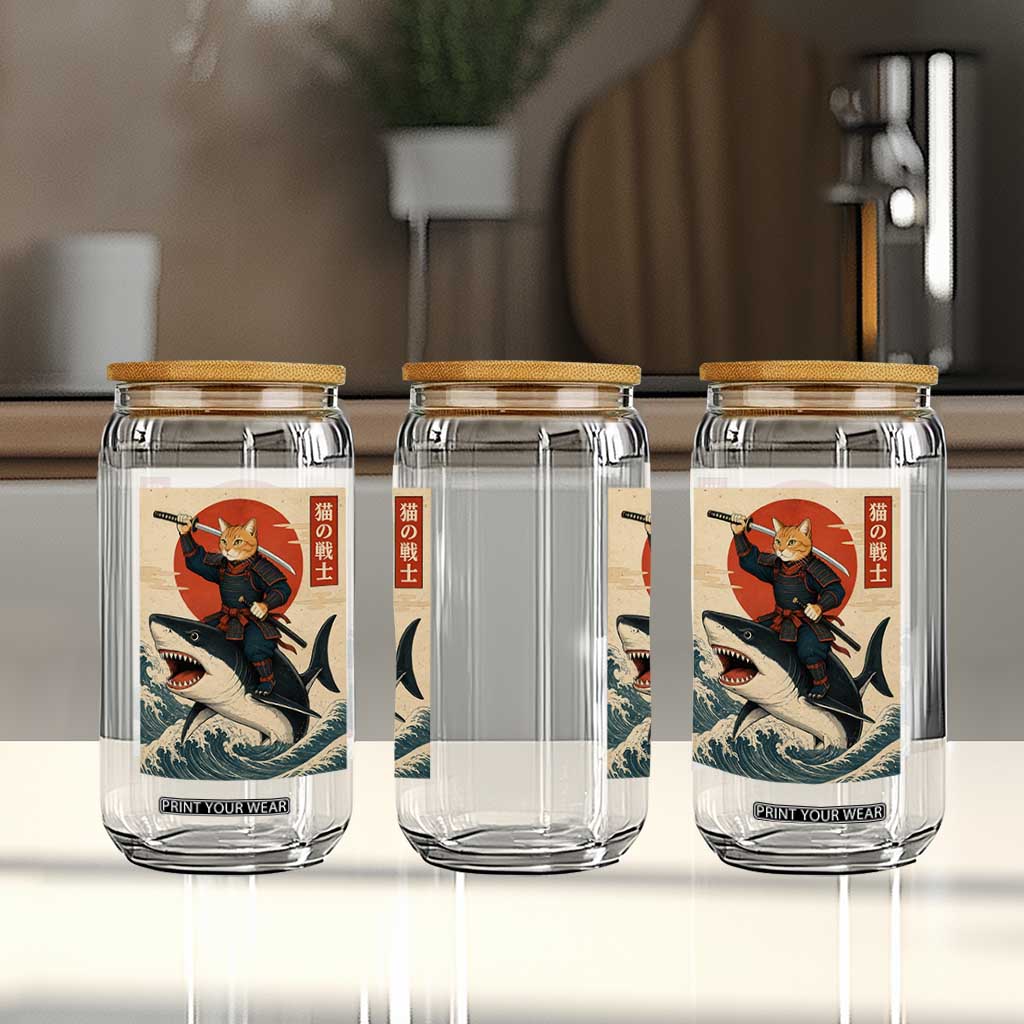 Funny Samurai Cat Riding Shark Glass Can Vintage Japanese Ukiyoe