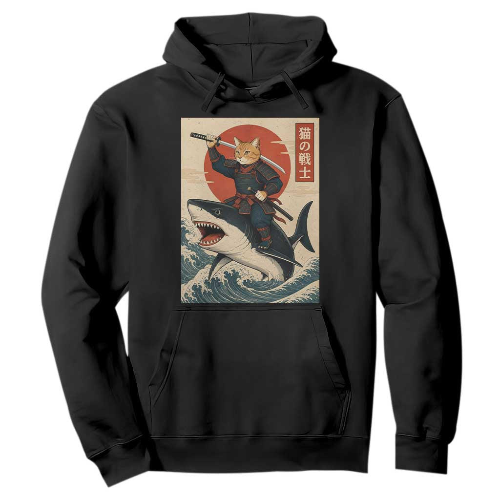 Funny Samurai Cat Riding Shark Hoodie Vintage Japanese Ukiyoe TS12 Black Print Your Wear