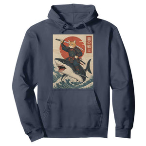 Funny Samurai Cat Riding Shark Hoodie Vintage Japanese Ukiyoe