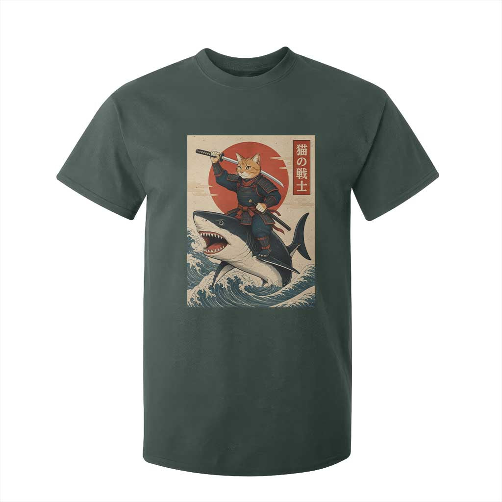 Funny Samurai Cat Riding Shark T Shirt For Kid Vintage Japanese Ukiyoe