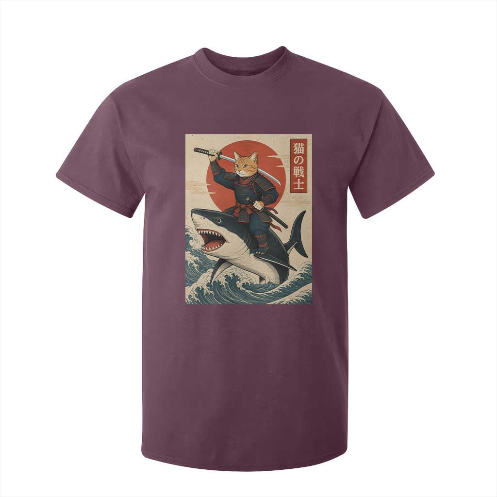 Funny Samurai Cat Riding Shark T Shirt For Kid Vintage Japanese Ukiyoe