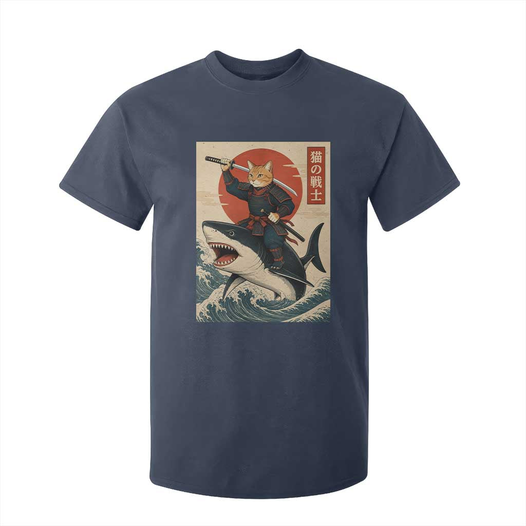 Funny Samurai Cat Riding Shark T Shirt For Kid Vintage Japanese Ukiyoe
