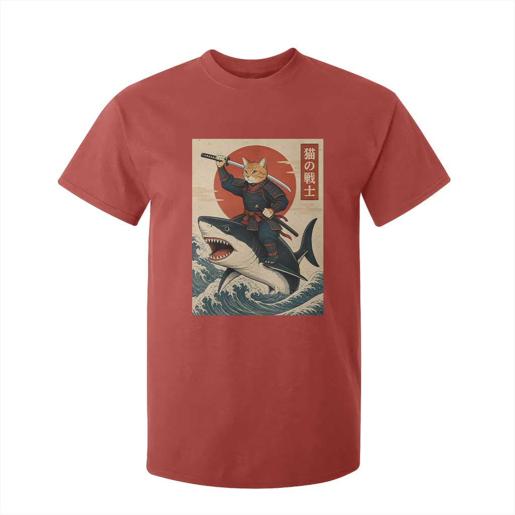 Funny Samurai Cat Riding Shark T Shirt For Kid Vintage Japanese Ukiyoe