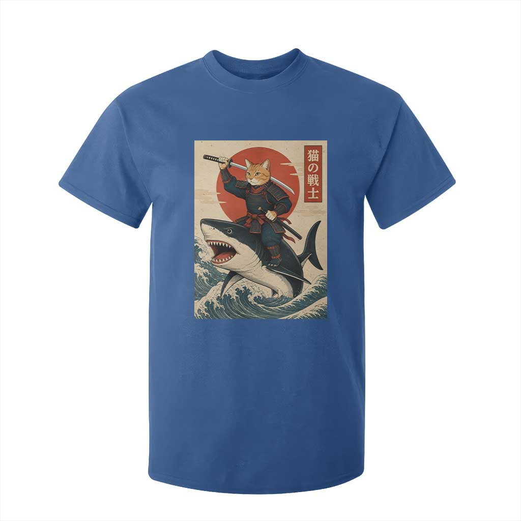 Funny Samurai Cat Riding Shark T Shirt For Kid Vintage Japanese Ukiyoe