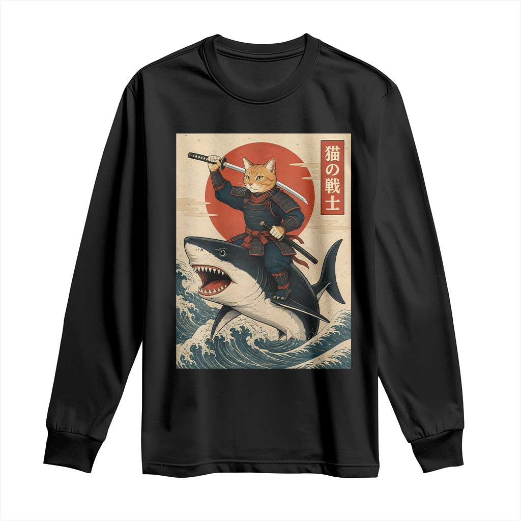 Funny Samurai Cat Riding Shark Long Sleeve Shirt Vintage Japanese Ukiyoe TS12 Black Print Your Wear