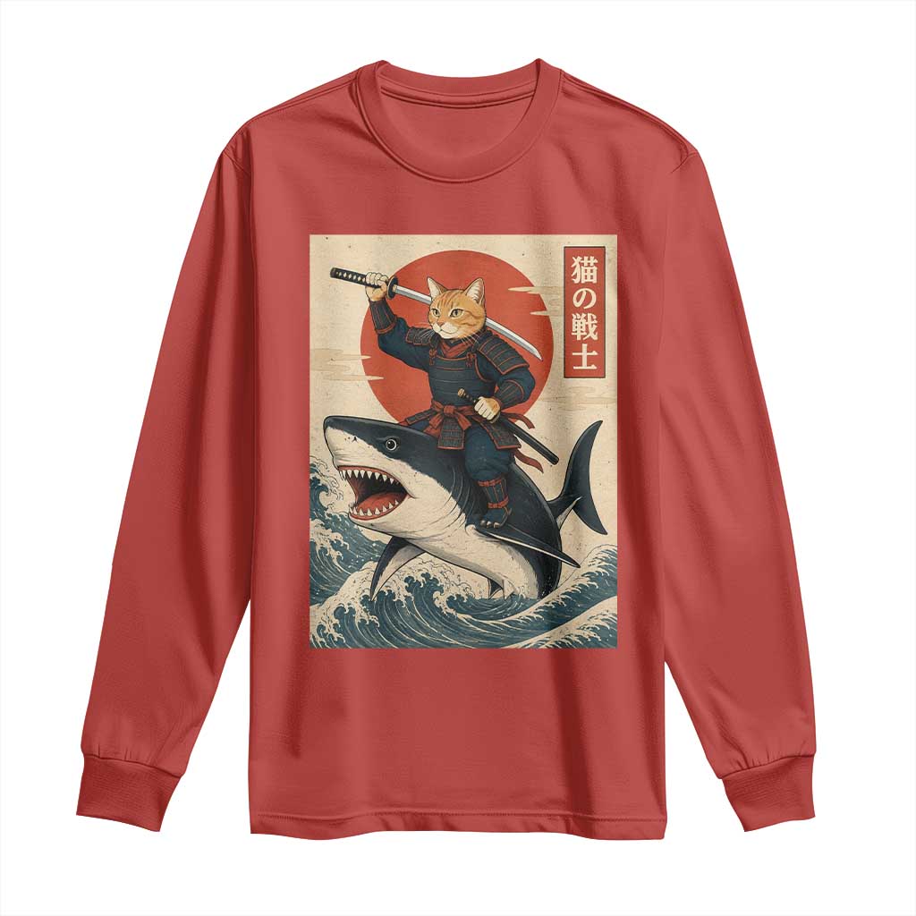 Funny Samurai Cat Riding Shark Long Sleeve Shirt Vintage Japanese Ukiyoe