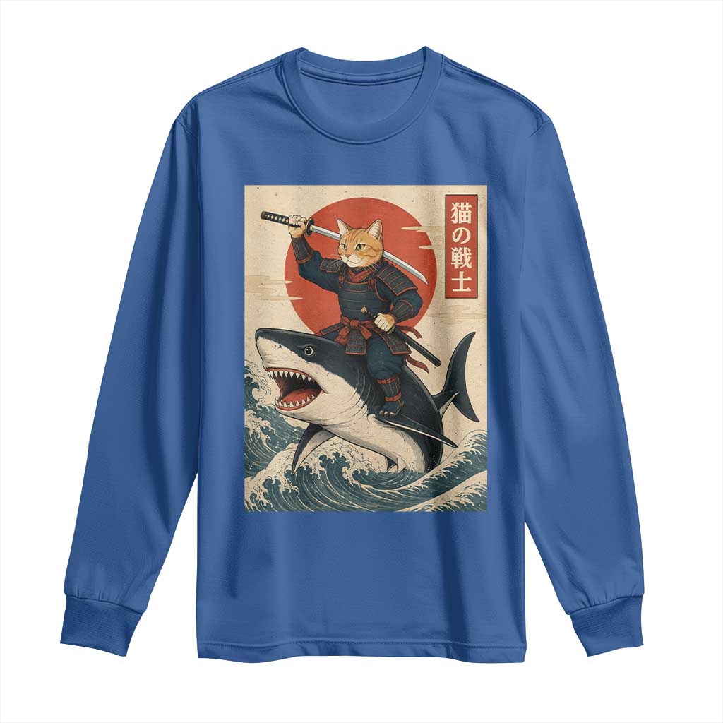 Funny Samurai Cat Riding Shark Long Sleeve Shirt Vintage Japanese Ukiyoe