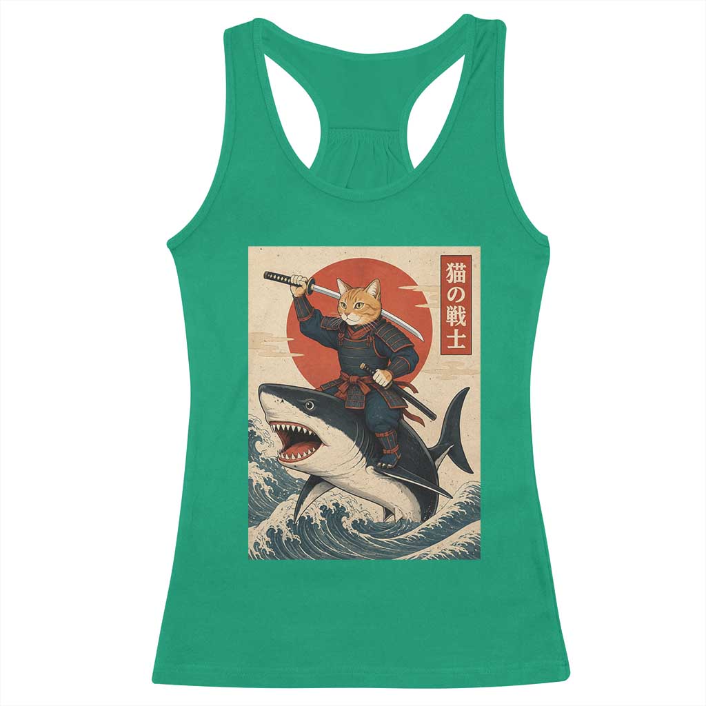 Funny Samurai Cat Riding Shark Racerback Tank Top Vintage Japanese Ukiyoe