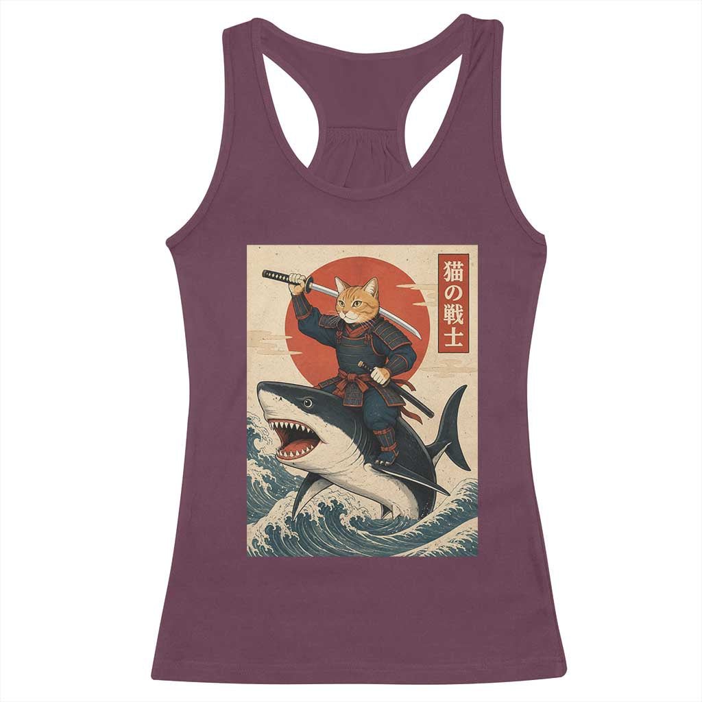 Funny Samurai Cat Riding Shark Racerback Tank Top Vintage Japanese Ukiyoe