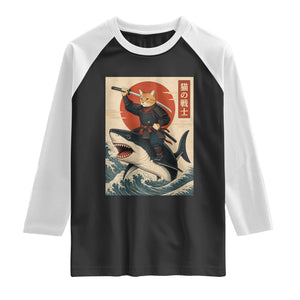 Funny Samurai Cat Riding Shark Raglan Shirt Vintage Japanese Ukiyoe