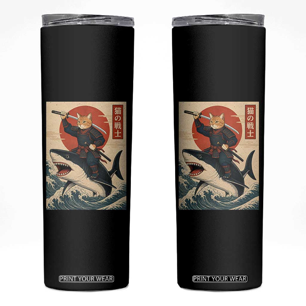 Funny Samurai Cat Riding Shark Skinny Tumbler Vintage Japanese Ukiyoe TS12 Black Print Your Wear
