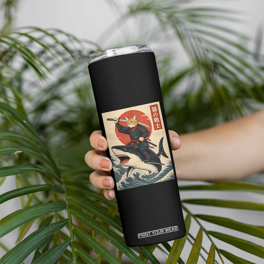 Funny Samurai Cat Riding Shark Skinny Tumbler Vintage Japanese Ukiyoe