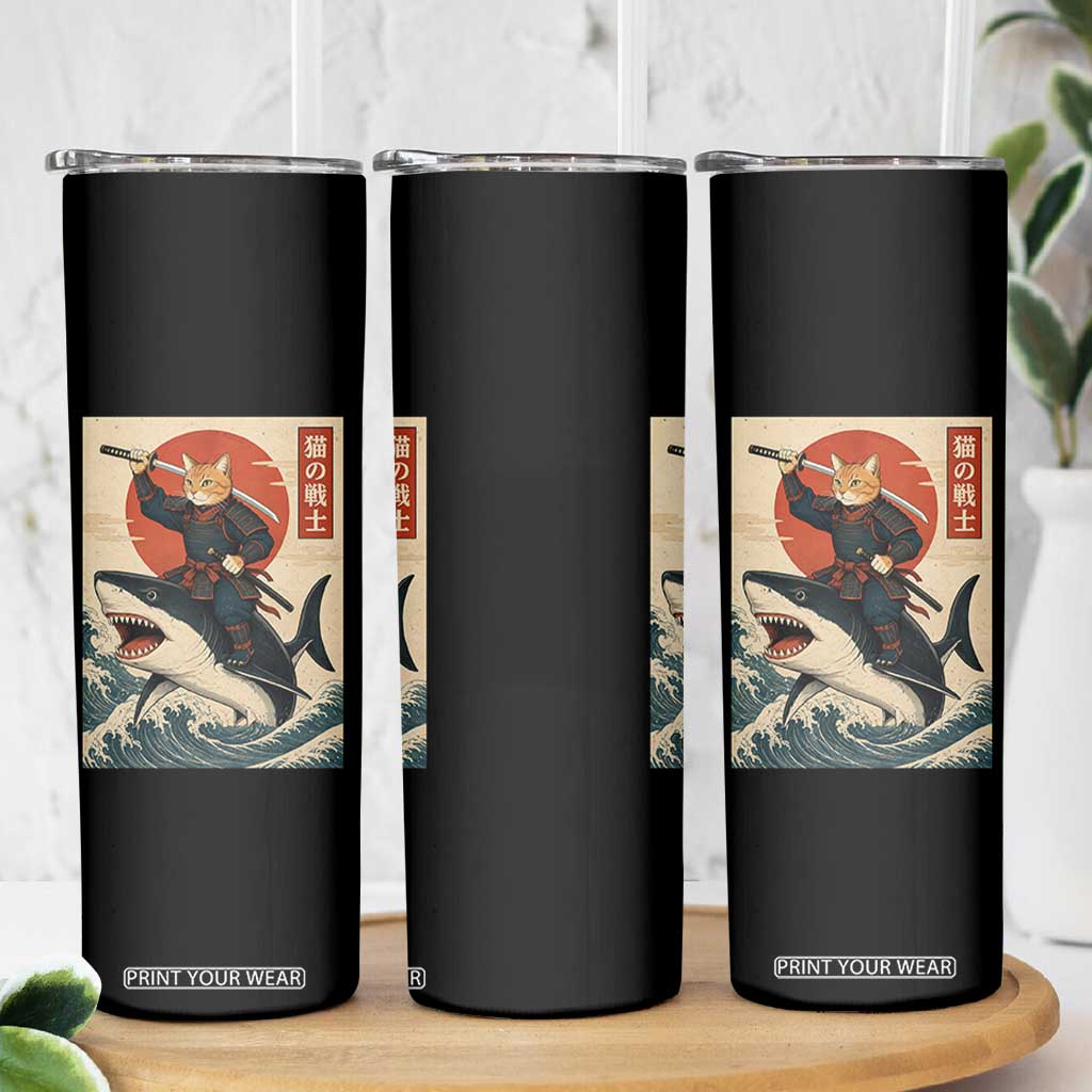 Funny Samurai Cat Riding Shark Skinny Tumbler Vintage Japanese Ukiyoe