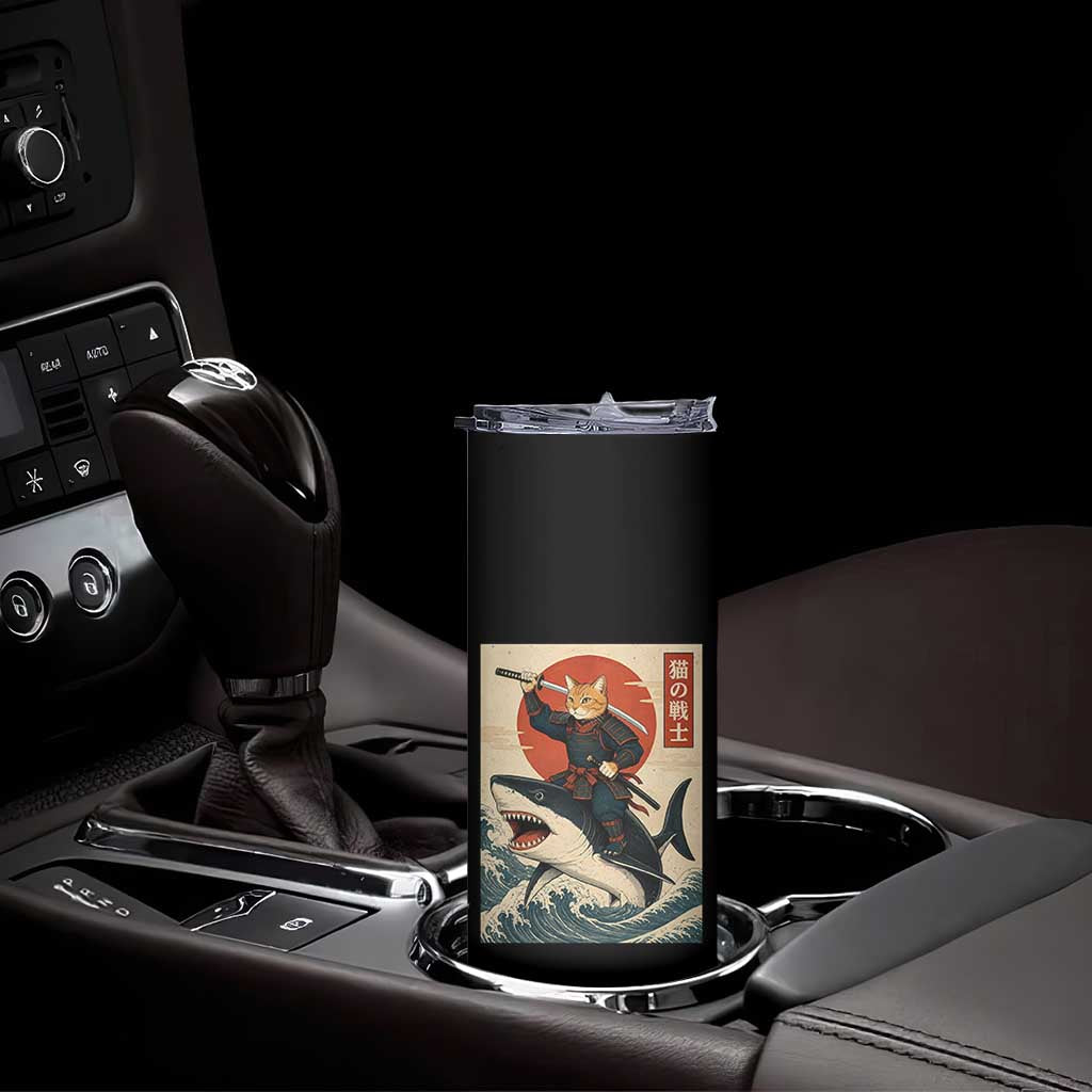 Funny Samurai Cat Riding Shark Skinny Tumbler Vintage Japanese Ukiyoe
