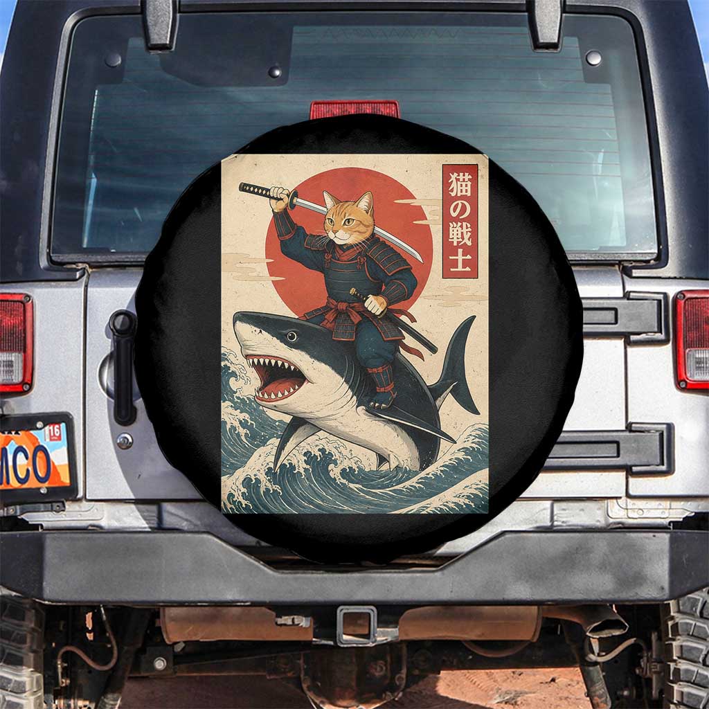Funny Samurai Cat Riding Shark Spare Tire Cover Vintage Japanese Ukiyoe TS12 No hole Black Print Your Wear