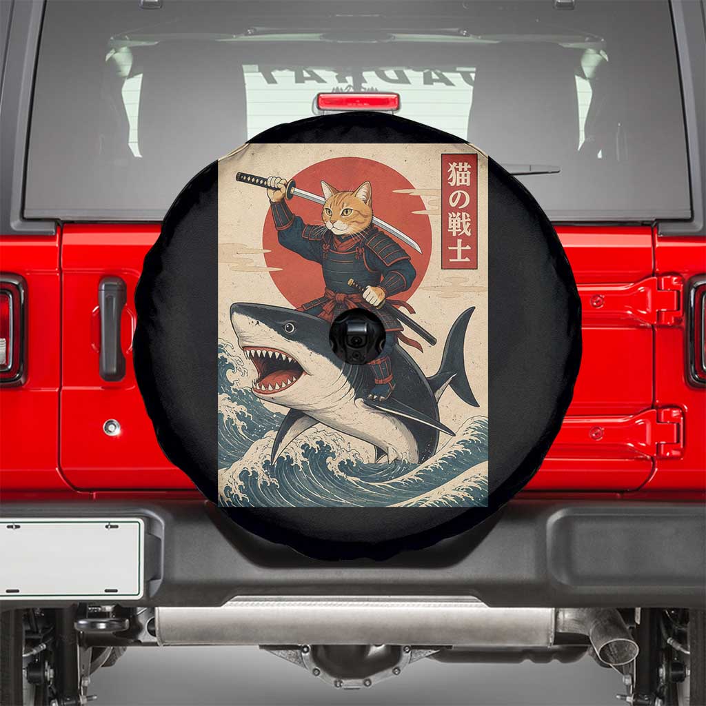 Funny Samurai Cat Riding Shark Spare Tire Cover Vintage Japanese Ukiyoe