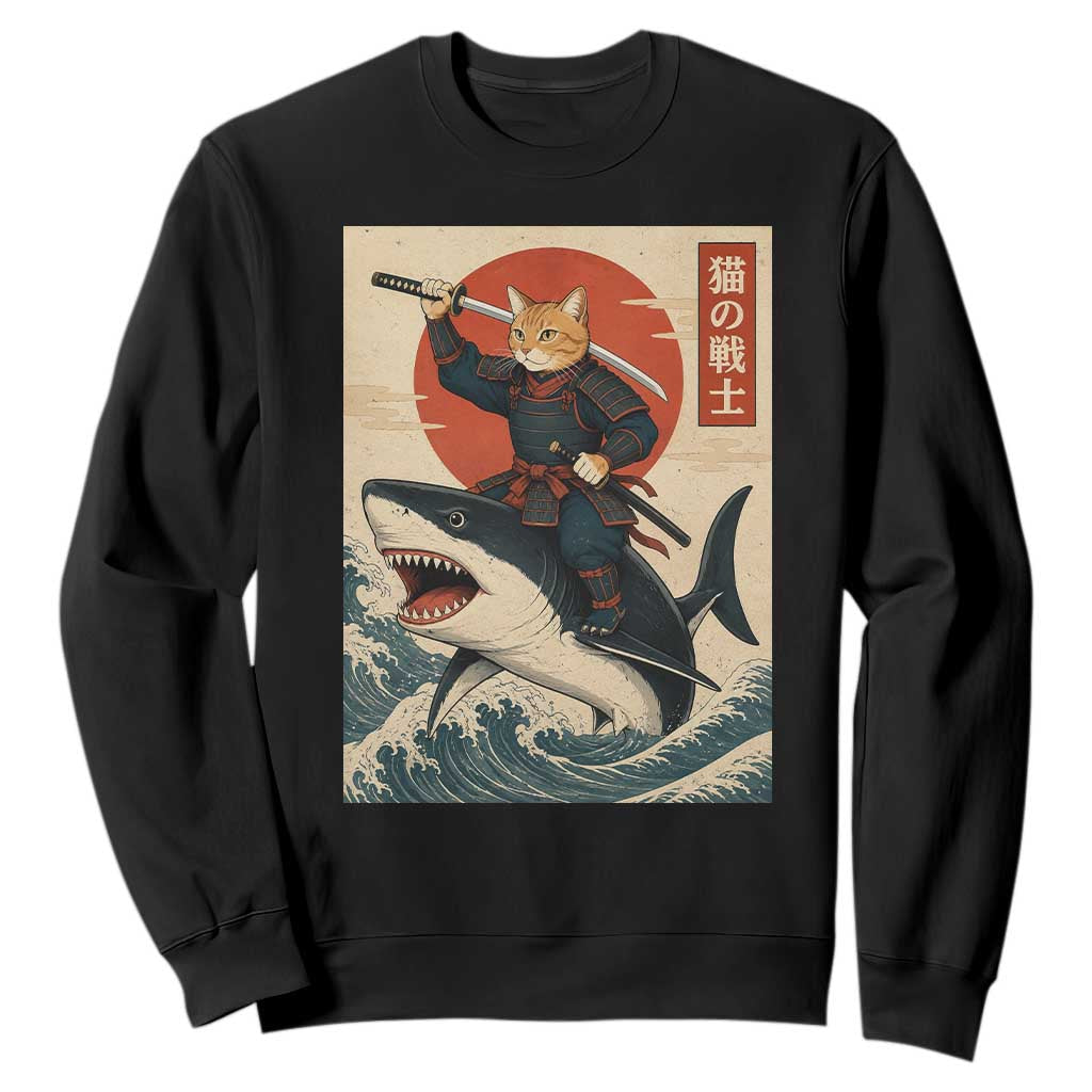 Funny Samurai Cat Riding Shark Sweatshirt Vintage Japanese Ukiyoe