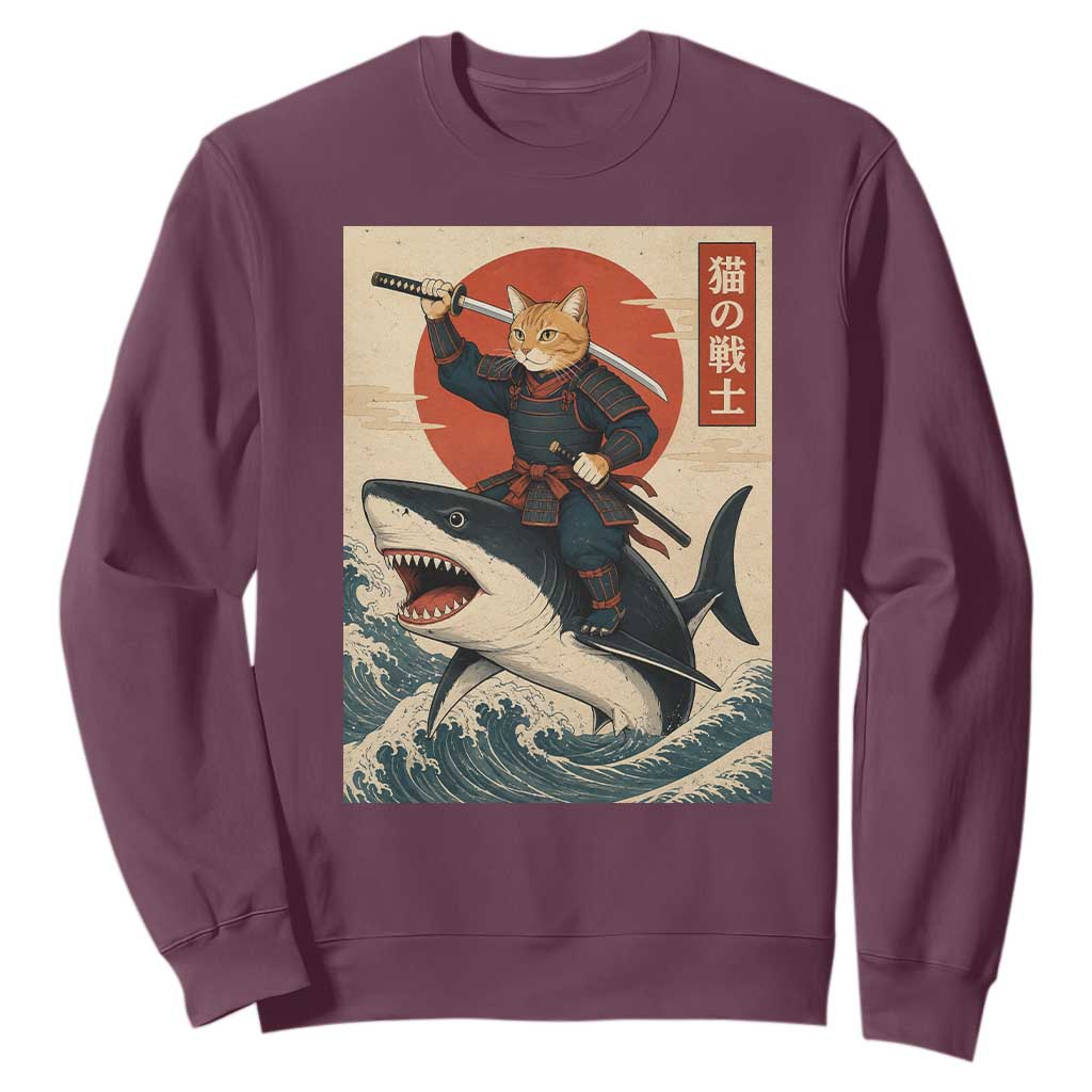 Funny Samurai Cat Riding Shark Sweatshirt Vintage Japanese Ukiyoe