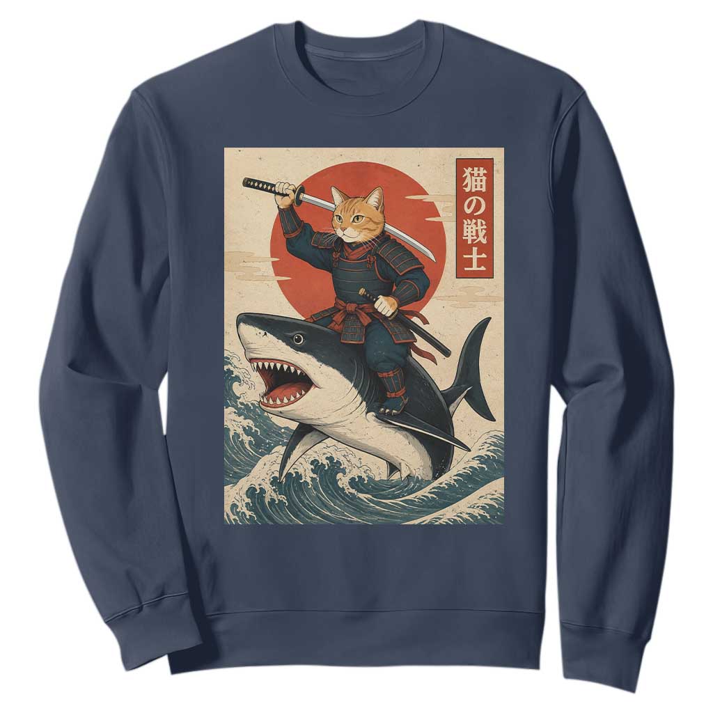 Funny Samurai Cat Riding Shark Sweatshirt Vintage Japanese Ukiyoe