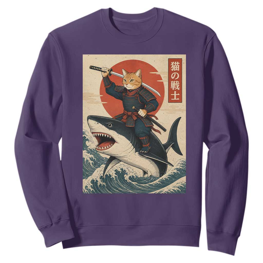 Funny Samurai Cat Riding Shark Sweatshirt Vintage Japanese Ukiyoe