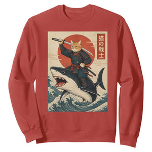 Funny Samurai Cat Riding Shark Sweatshirt Vintage Japanese Ukiyoe