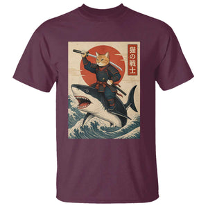 Funny Samurai Cat Riding Shark T Shirt Vintage Japanese Ukiyoe