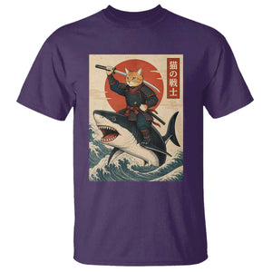 Funny Samurai Cat Riding Shark T Shirt Vintage Japanese Ukiyoe