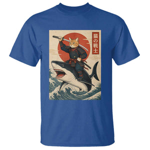 Funny Samurai Cat Riding Shark T Shirt Vintage Japanese Ukiyoe