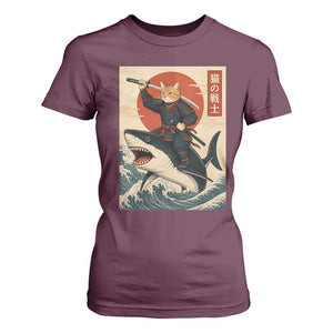 Funny Samurai Cat Riding Shark T Shirt For Women Vintage Japanese Ukiyoe