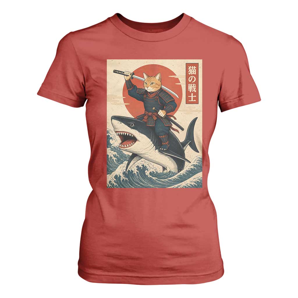 Funny Samurai Cat Riding Shark T Shirt For Women Vintage Japanese Ukiyoe