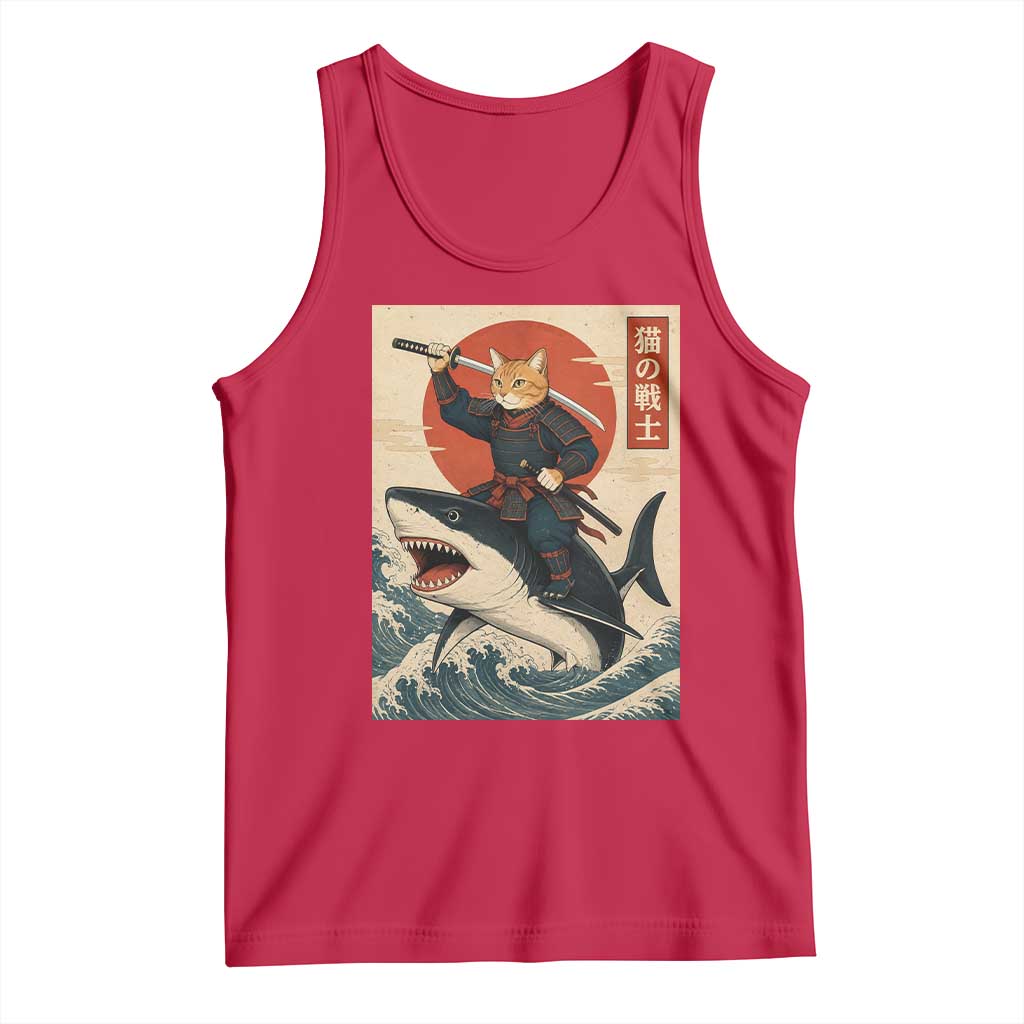 Funny Samurai Cat Riding Shark Tank Top Vintage Japanese Ukiyoe