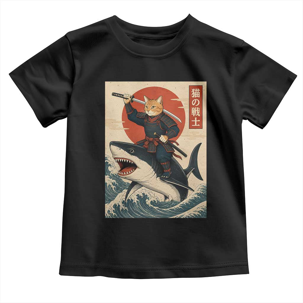 Funny Samurai Cat Riding Shark Toddler T Shirt Vintage Japanese Ukiyoe TS12 Black Print Your Wear