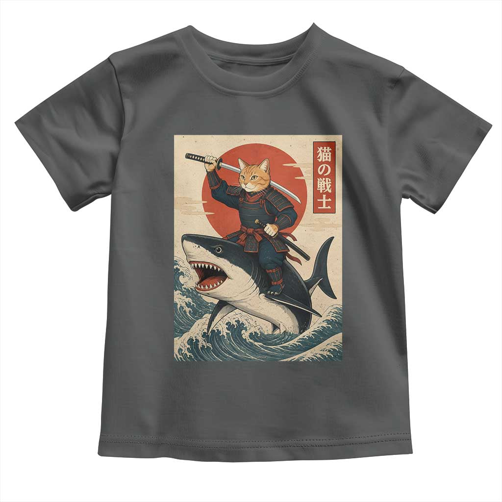 Funny Samurai Cat Riding Shark Toddler T Shirt Vintage Japanese Ukiyoe