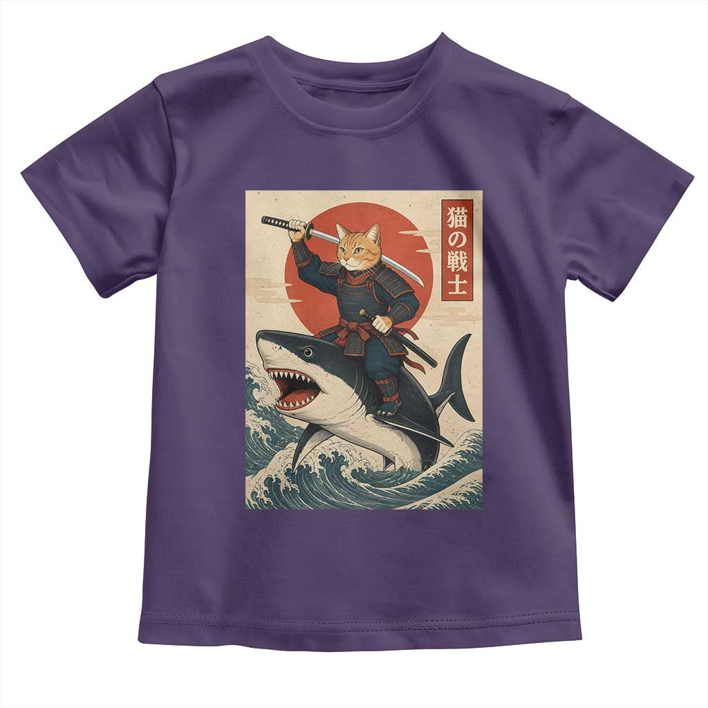 Funny Samurai Cat Riding Shark Toddler T Shirt Vintage Japanese Ukiyoe