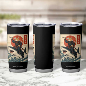 Funny Samurai Cat Riding Shark Tumbler Cup Vintage Japanese Ukiyoe