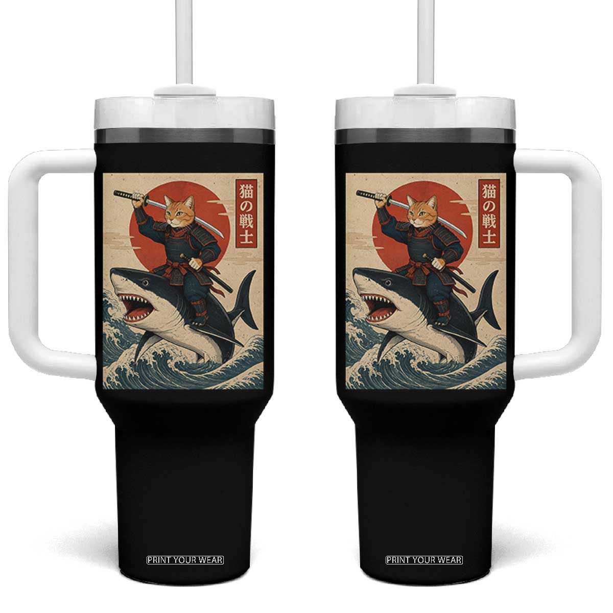 Funny Samurai Cat Riding Shark Tumbler With Handle Vintage Japanese Ukiyoe
