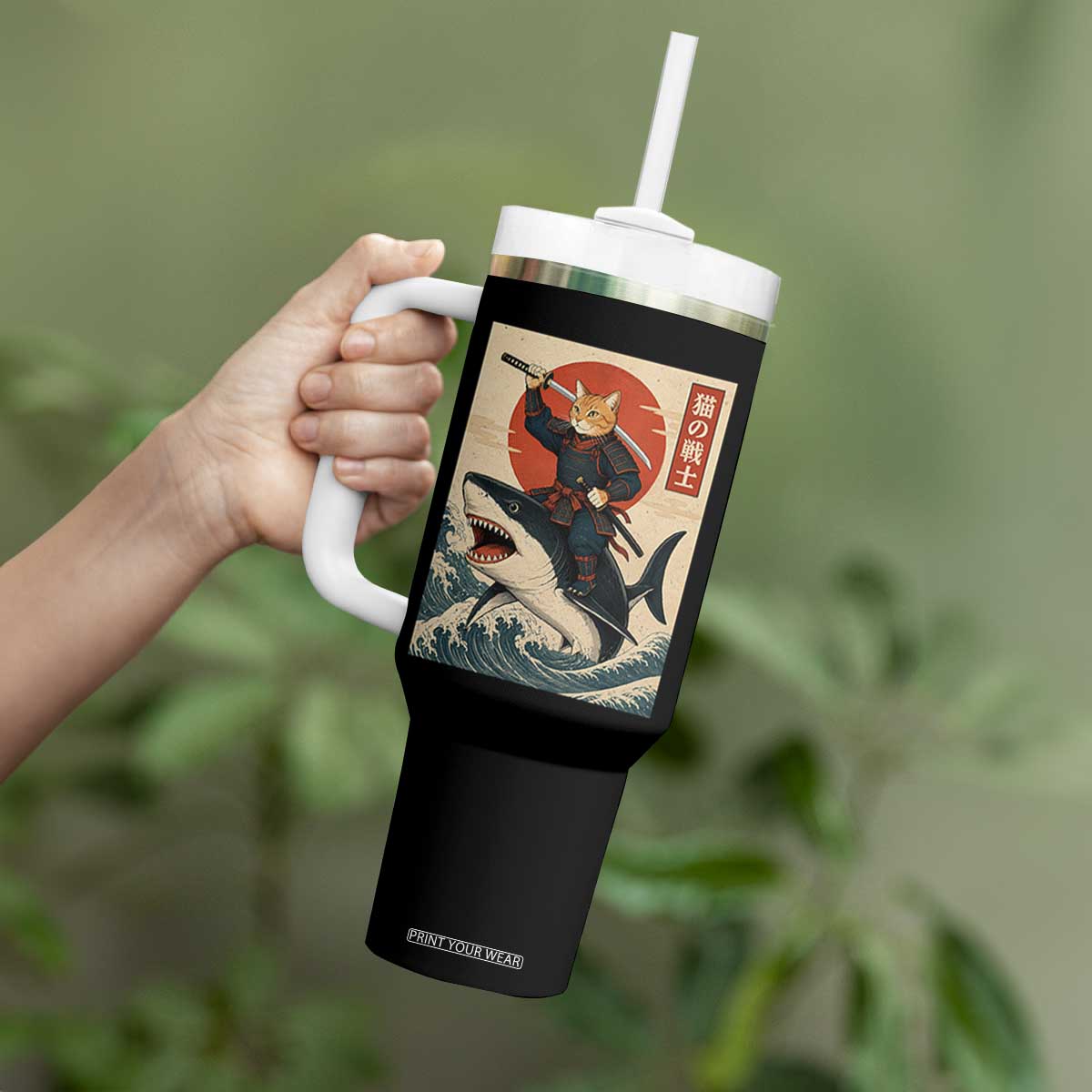 Funny Samurai Cat Riding Shark Tumbler With Handle Vintage Japanese Ukiyoe