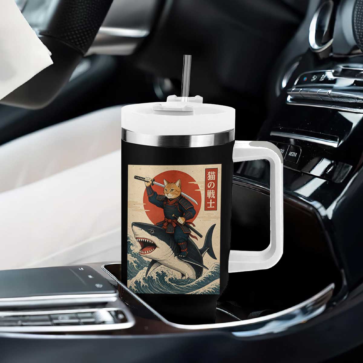 Funny Samurai Cat Riding Shark Tumbler With Handle Vintage Japanese Ukiyoe