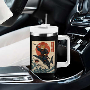 Funny Samurai Cat Riding Shark Tumbler With Handle Vintage Japanese Ukiyoe
