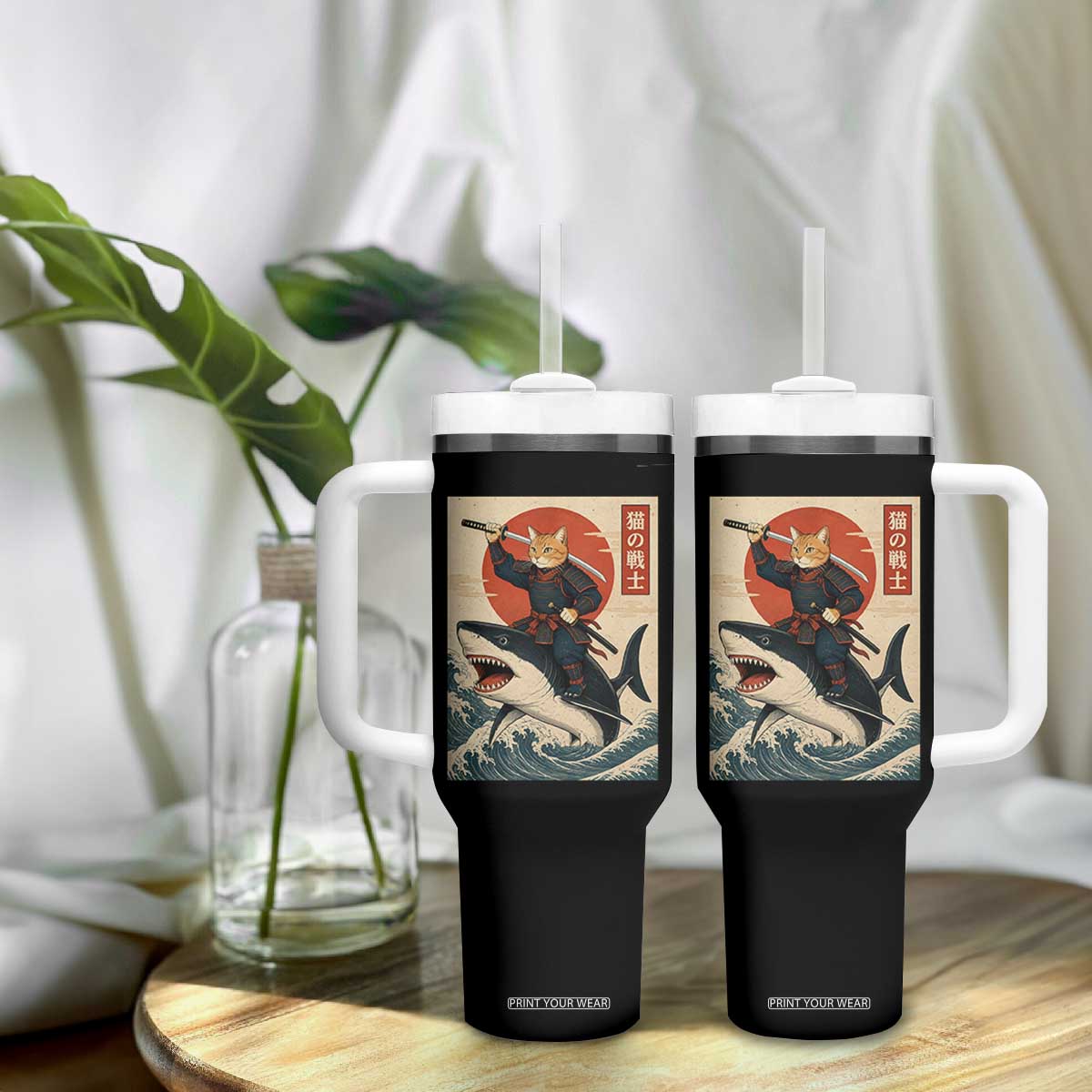 Funny Samurai Cat Riding Shark Tumbler With Handle Vintage Japanese Ukiyoe